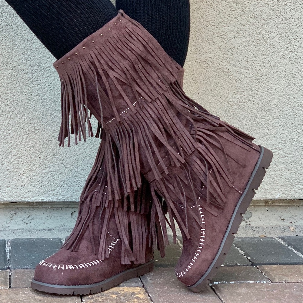 Nib Espresso Three Fringe Layered Moccasin Boots - image 6